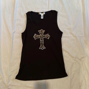 Black ribbed tank top 1X with beautiful sequined cross design